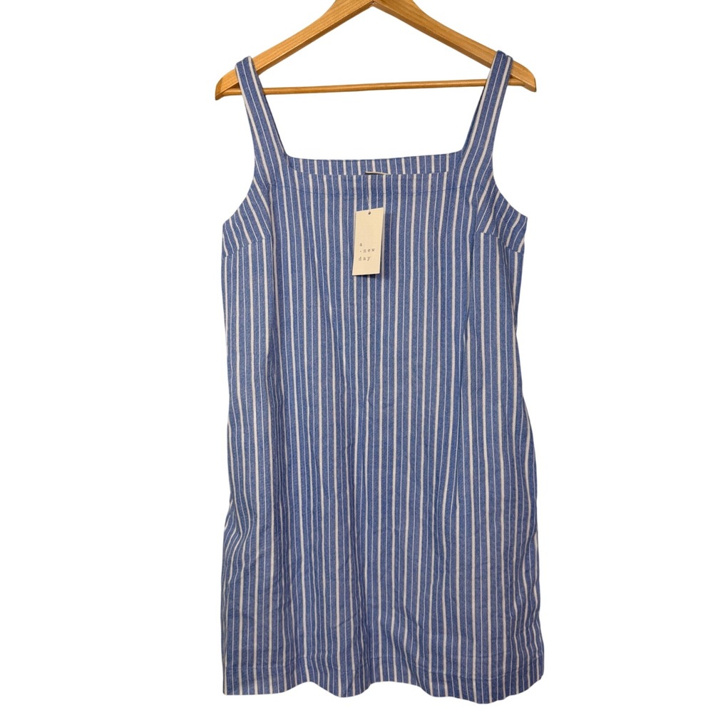 A New Day Women Blue White Striped Cotton Linen Mini Shift Dress Square Neck S